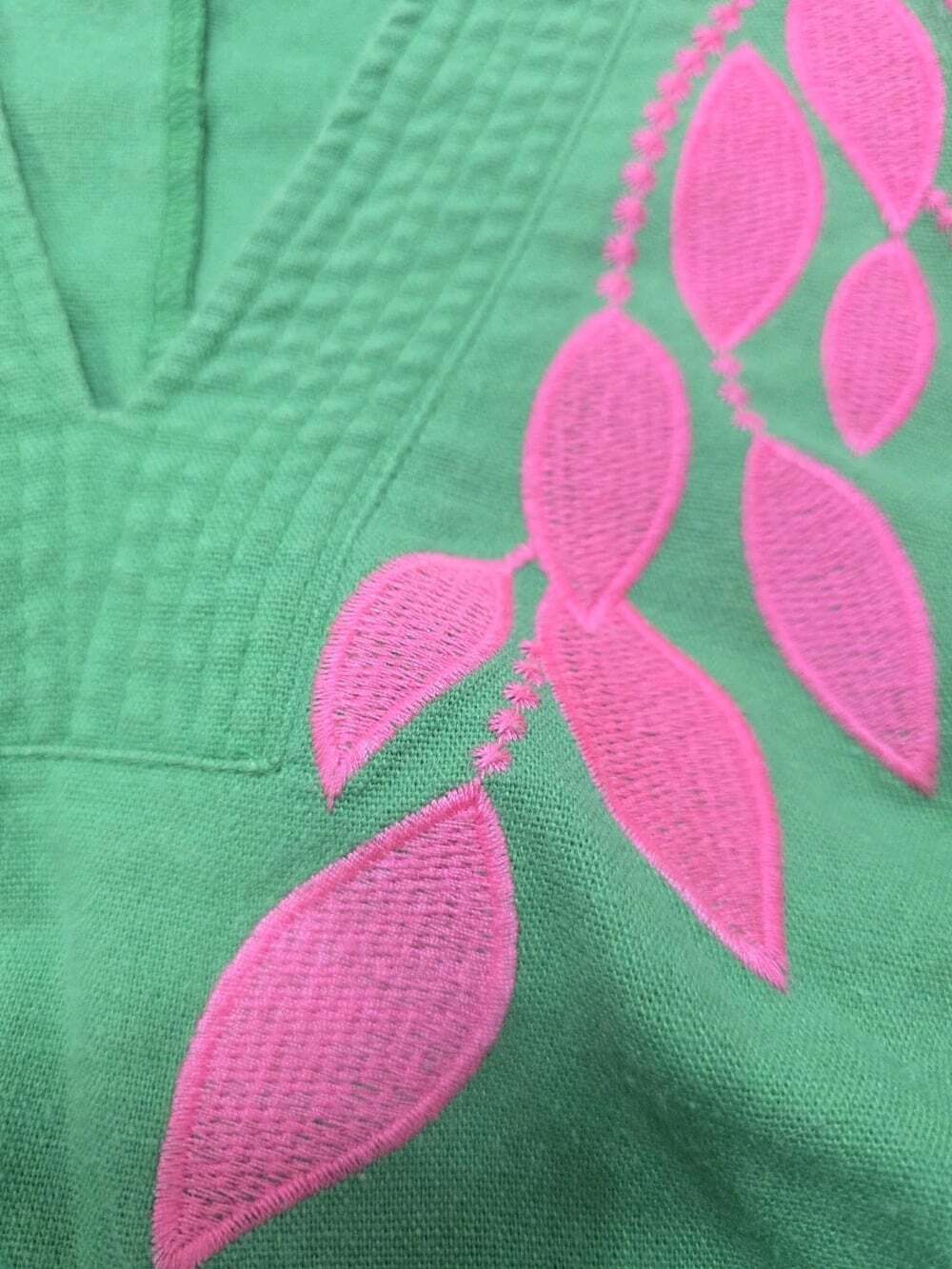 VOY Green Floral Lace V-NeckBoho Embroidered Puff Bubble Sleeve Cotton Linen Mix - Picture 5 of 15